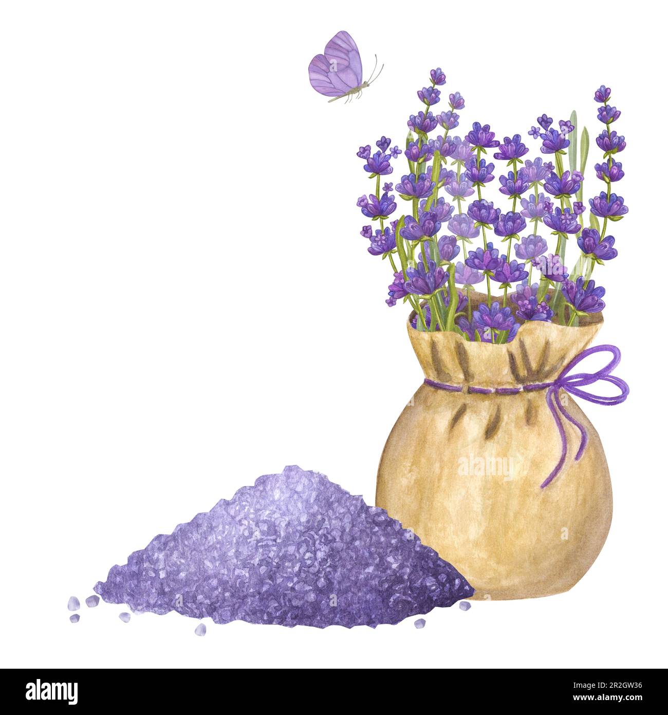 Bouquet of lavender flowers in a pouch. Sea salt, butterfly