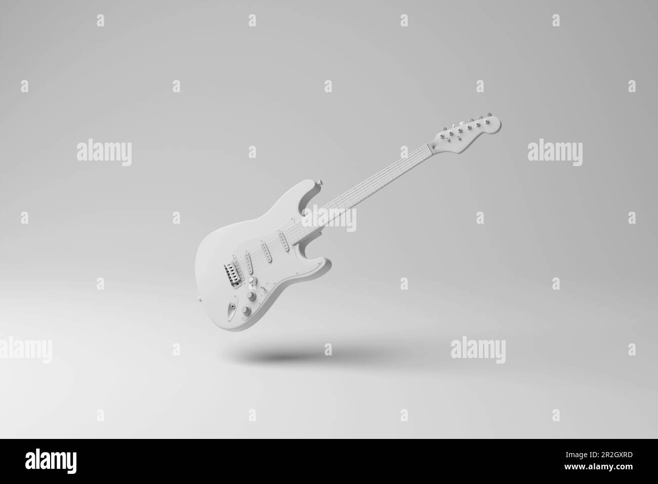 White Electric Guitar Floating On Mid Air With Shadow On White 