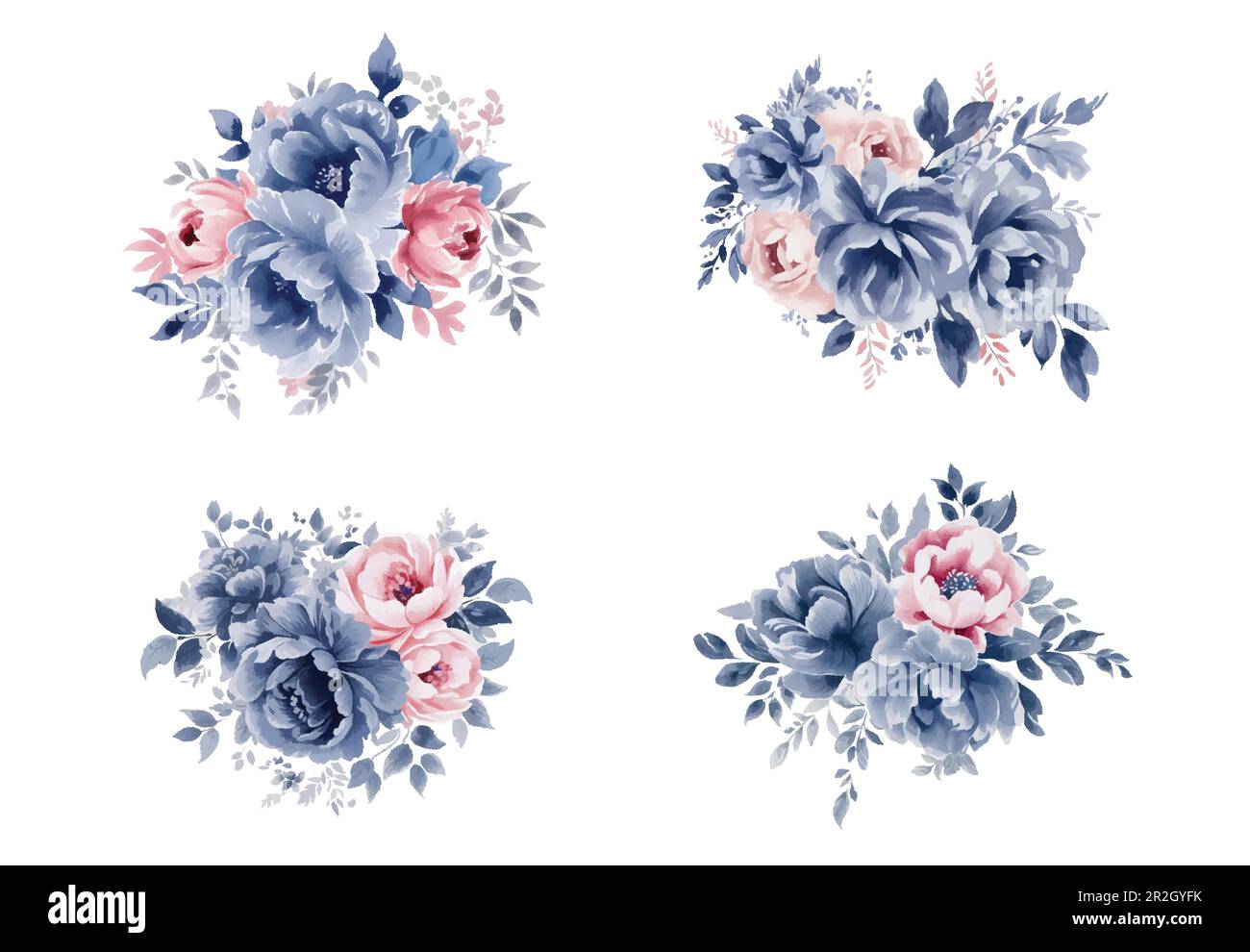 Watercolor navy blue and pink flowers set, vintage vector flowers