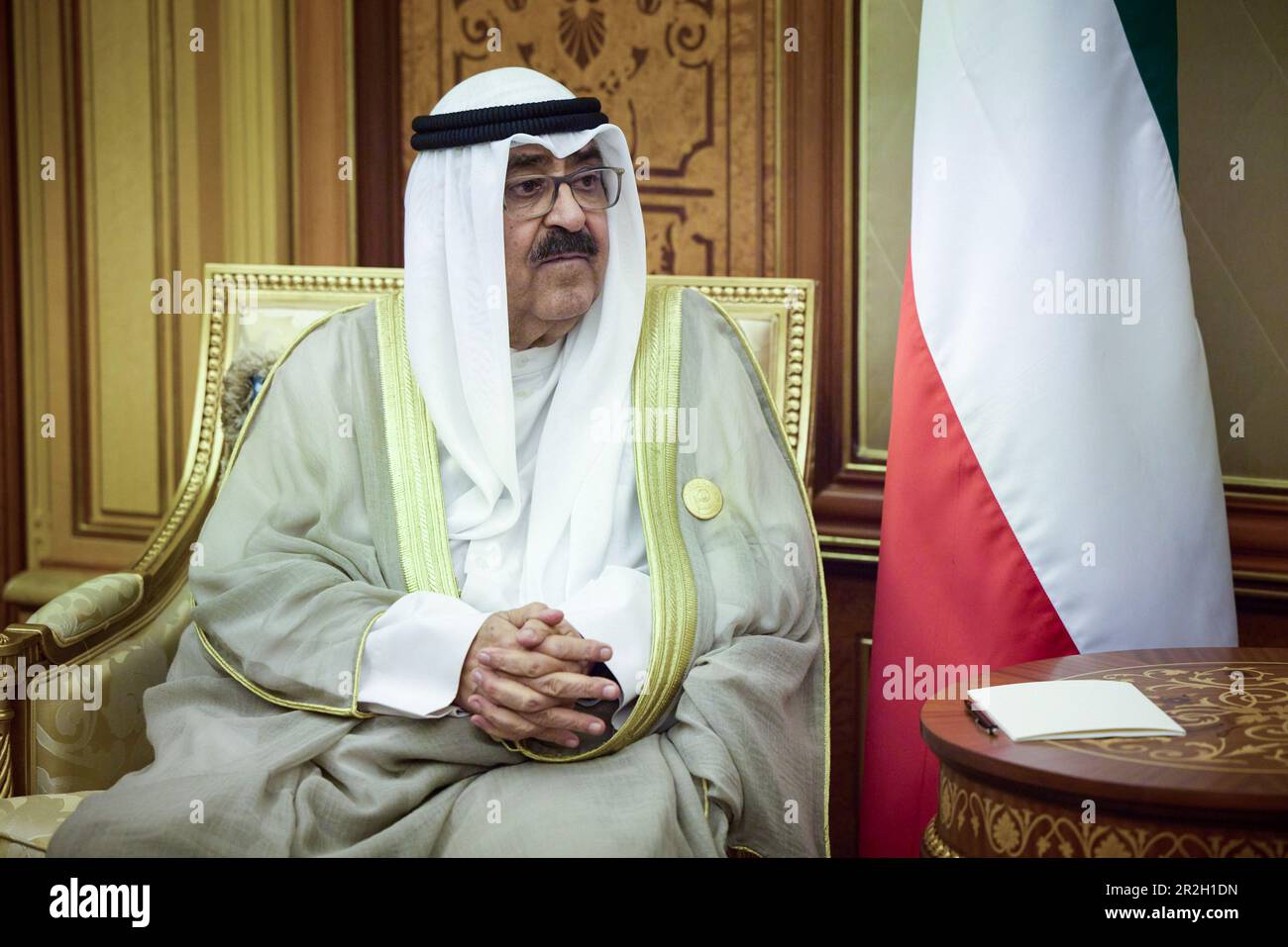 Jeddah, Saudi Arabia. 19th May, 2023. Kuwait Crown Prince Mishal Al-Ahmad Al-Jaber Al-Sabah, listens to Ukrainian President Volodymyr Zelenskyy during a face-to-face meeting on the sidelines of the Arab League Summit, May 19, 2023 in Jeddah, Saudi Arabia. Zelenskyy attended the annual summit meeting as part of a broader pitch for global support against the Russia invasion of Ukraine. Credit: Pool Photo/Ukrainian Presidential Press Office/Alamy Live News Stock Photo