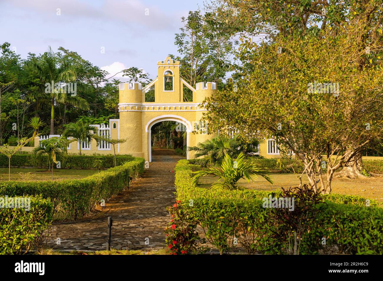 historic entrance gate of the Roça Belo Monte Hotel on the island of ...