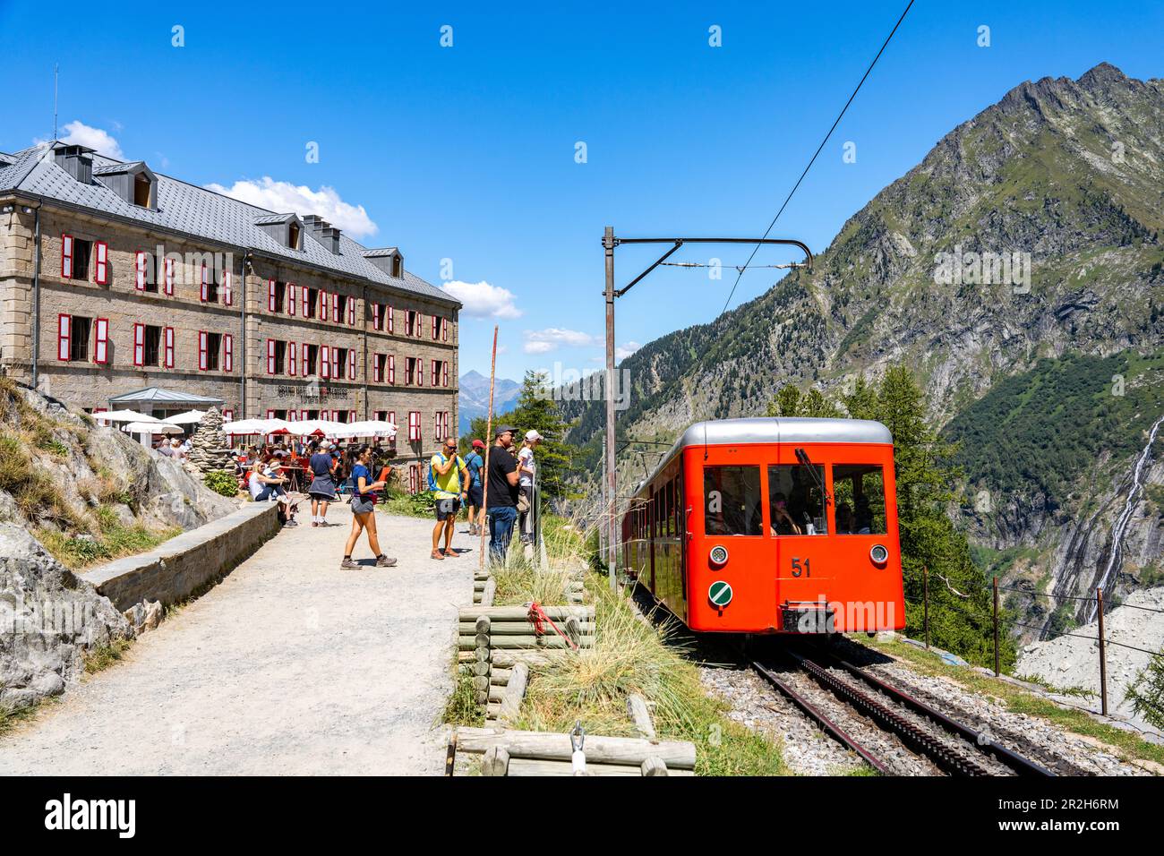 The red cog railway from the Mer de Glace passes the HotelRestaurant