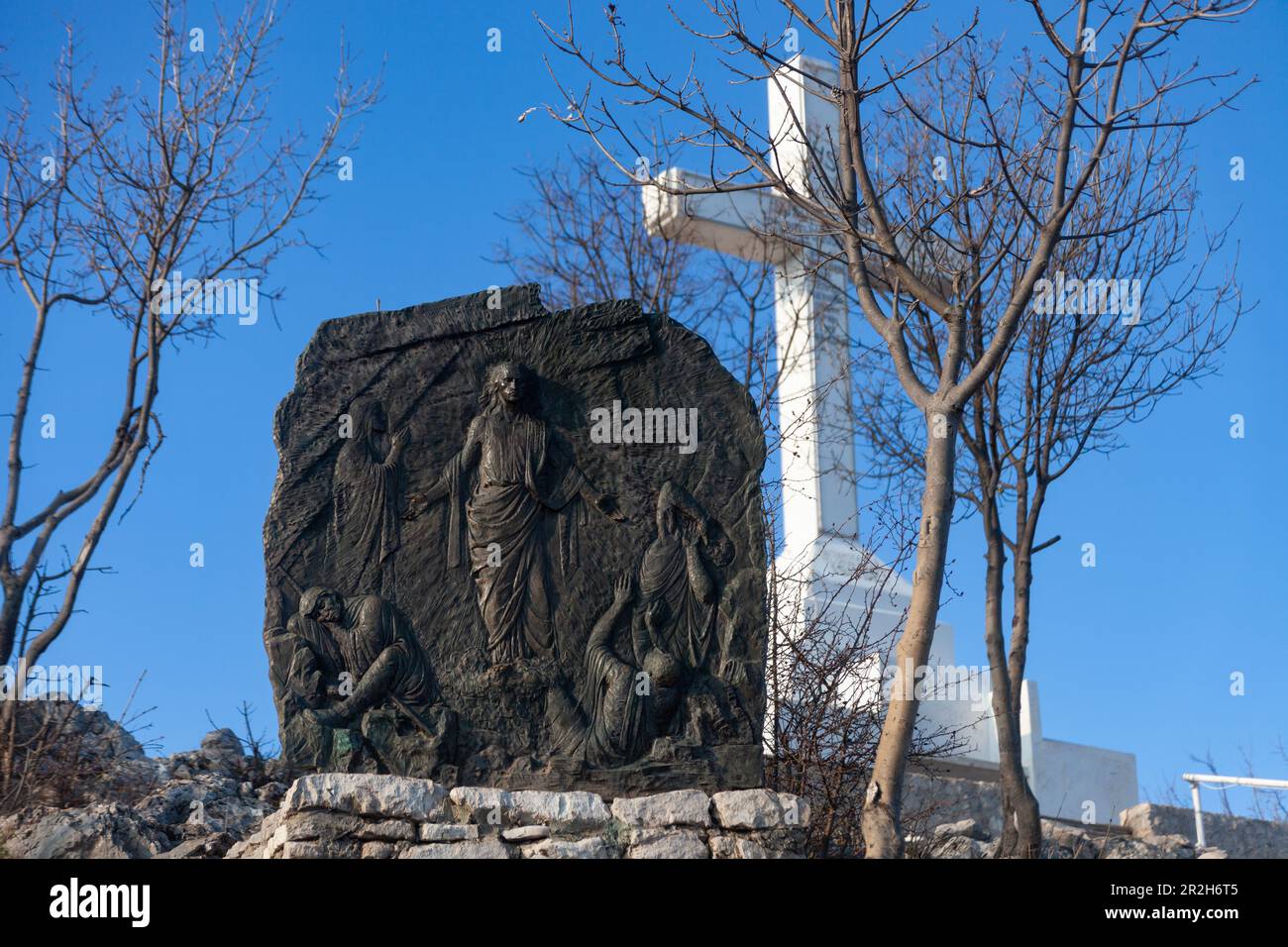 The 15th station – the Resurrection of the Lord – of the Way of the Cross on Mount Križevac (the Cross Mountain). Stock Photo