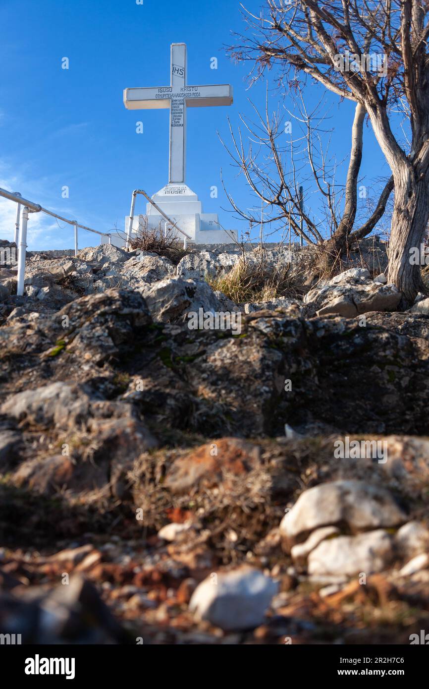 The white Cross on the top of Krizevac (Cross Mountain) in Medjugorje