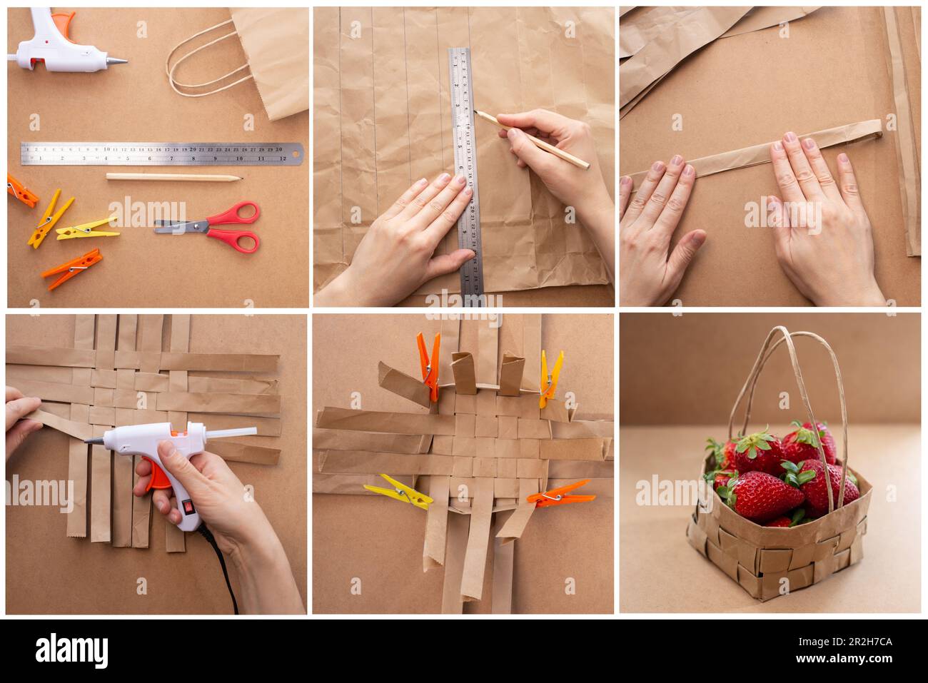 how to weave a simple paper basket, a stepbystep master class Stock