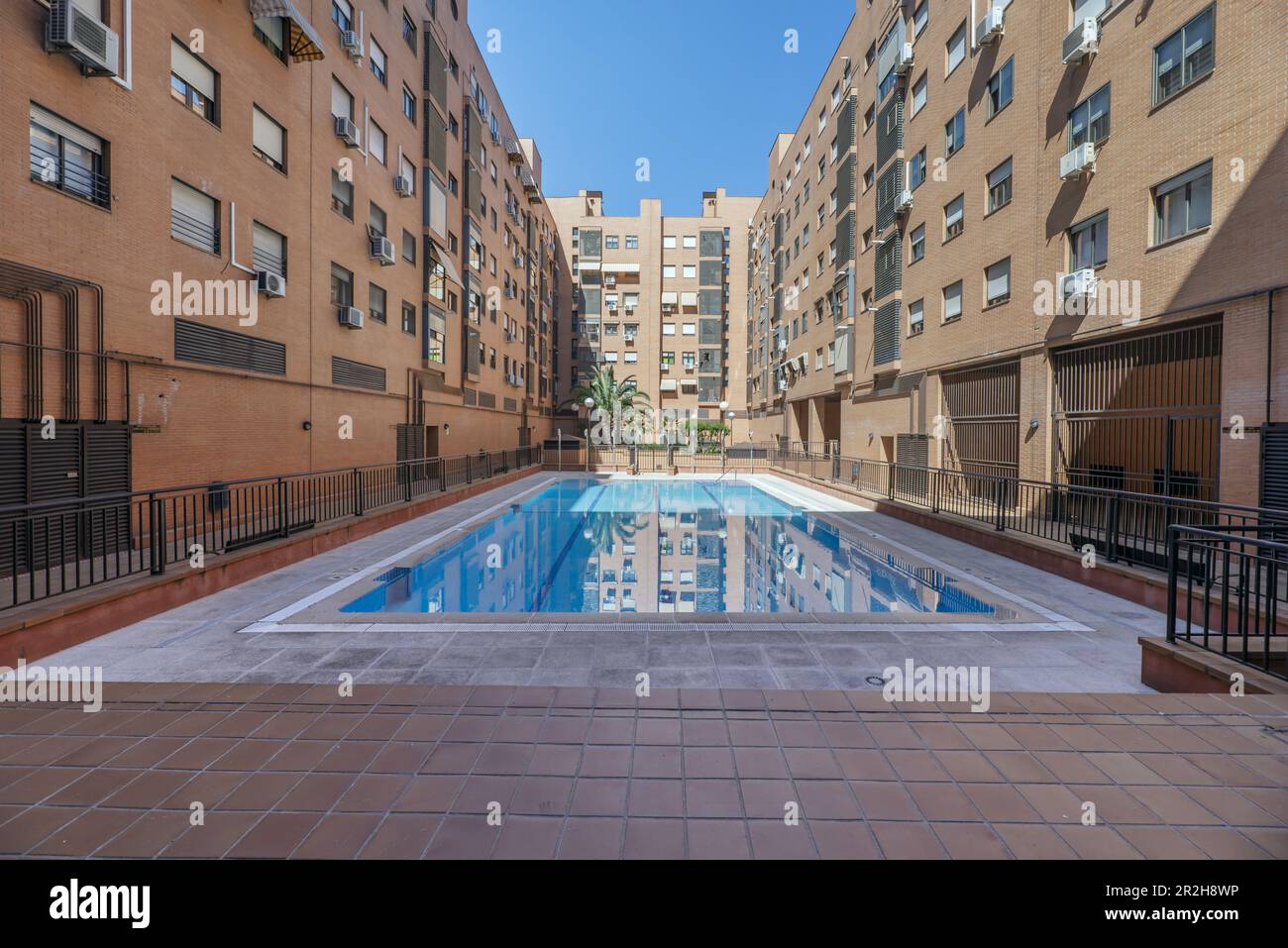 Pool inside a community of neighbors with some palm trees and a small ...