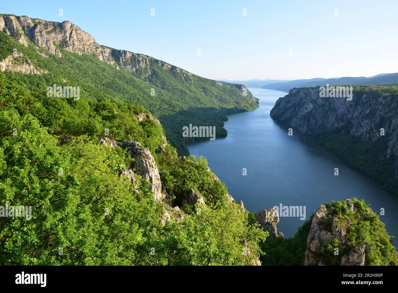 Danube river, Djerdap gorge, Iron gate or Cazane during golden hour in late spring, Serbia Stock Photo