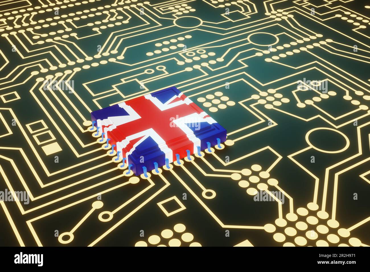 An advanced CPU printed with a flag of UK on a neon glowing electronic