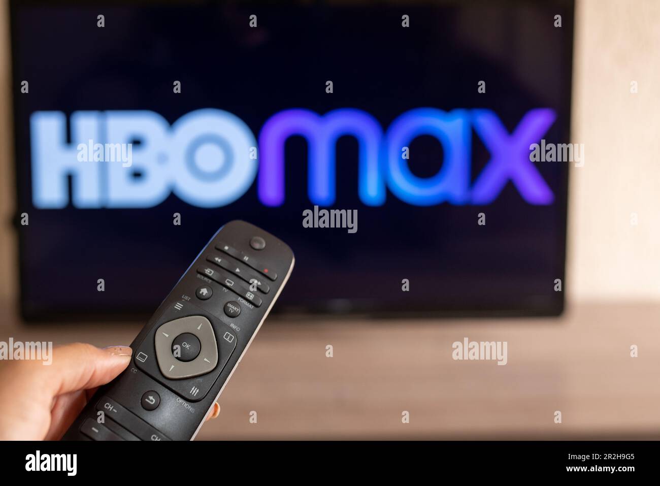 Brazil, Rio de Janeiro - May 19, 2023 Flat-screen TV set displaying logo of HBO Max, an American subscription video on demand streaming service Stock Photo