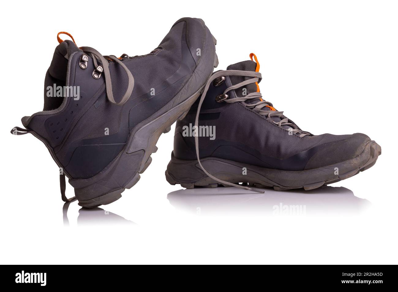 Pair of gray hiking boots,isolate on a white background. Stock Photo