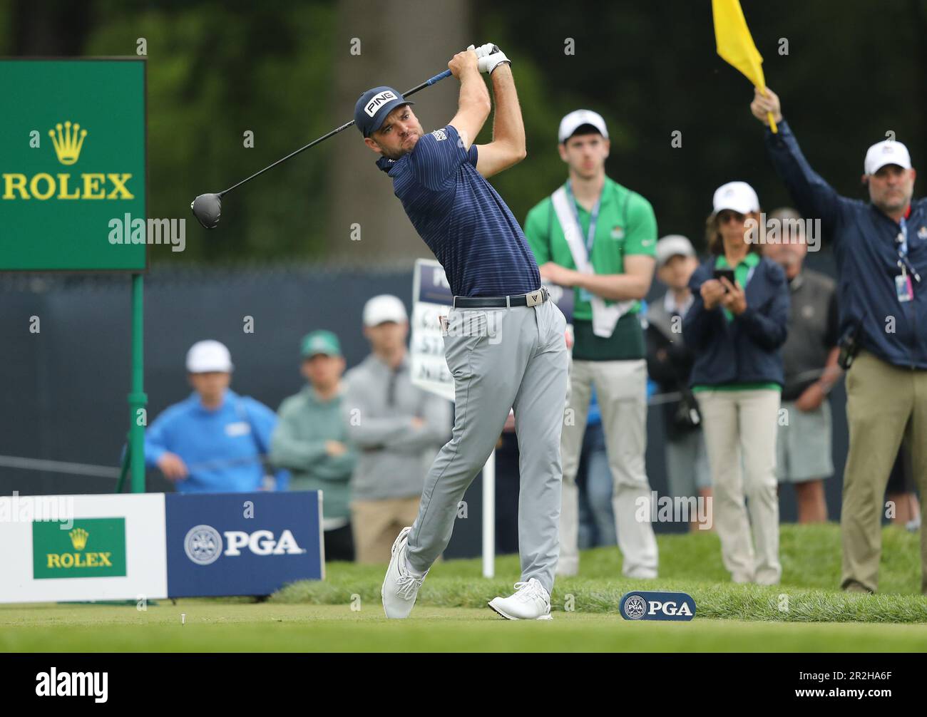 Rochester, United States. 19th May, 2023. Corey Conners of Canada hits his tee shot on the 6th hole during the second round of the 2023 PGA Championship at Oak Hill Country Club in Rochester, New York on Friday, May 19, 2023. Photo by Aaron Josefczyk/UPI Credit: UPI/Alamy Live News Stock Photo