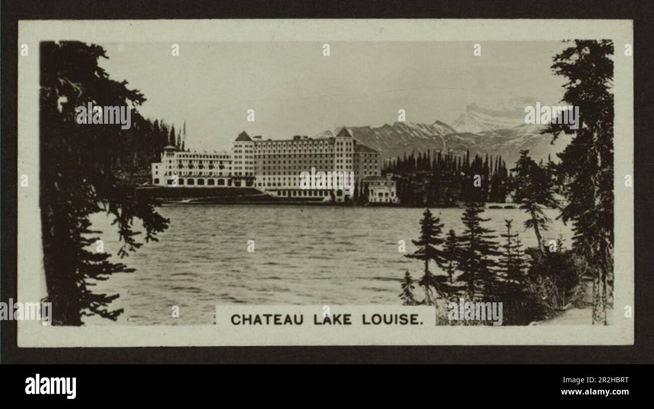Black and white cigarette card showing the Chateau Lake Louise hotel in