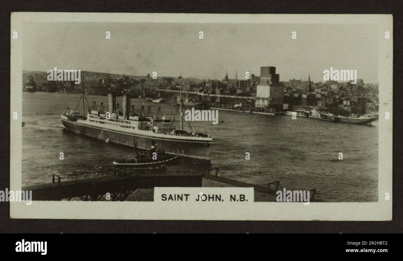Black and white cigarette card showing the city of Saint John, New Brunswick, Canada ca. 1920s, produced by Westminster Tobacco Company Stock Photo