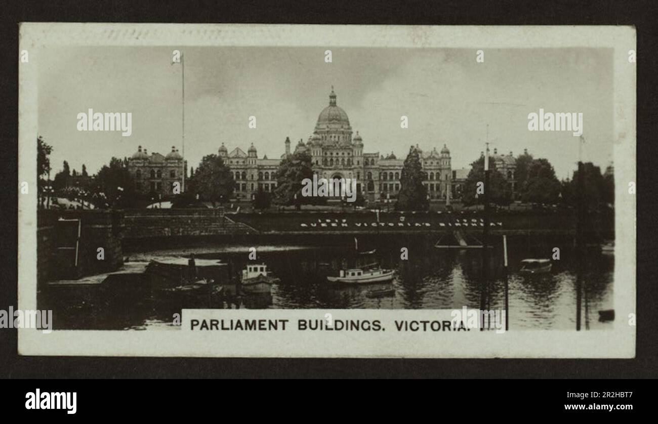 Black and white cigarette card showing the provincial parliament buildings in Victoria, British Columbia, Canada ca. 1920s, produced by Westminster Tobacco Company Stock Photo