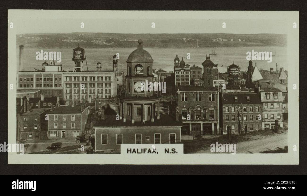 Black and white cigarette card showing the city of Halifax, Nova Scotia, Canada,ca. 1920s, produced by Westminster Tobacco Company. The Town Clock on Citadel Hill is prominent. Stock Photo