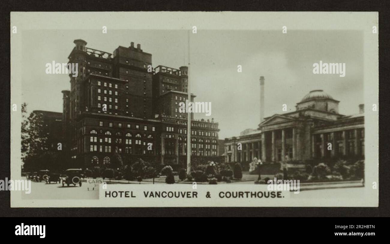 Black and white cigarette card showing the Hotel Vancouver and Court House in downtown Vancouver, British Columbia, Canada  ca. 1920s, produced by Westminster Tobacco Company Stock Photo