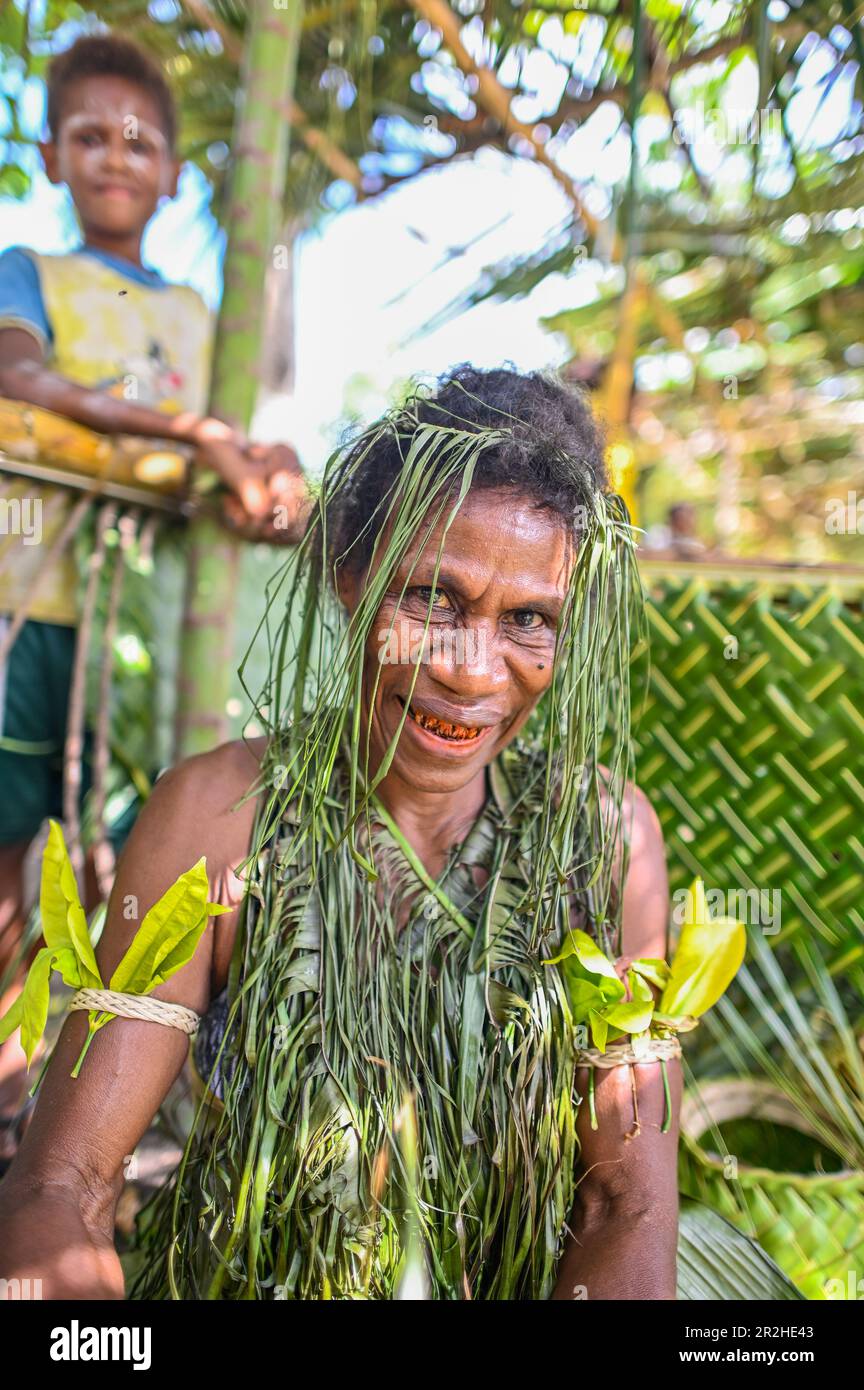 In the Solomon Islands, it is a cultural practice for some people, particularly in certain communities, to have red-stained teeth. This practice is known as 'betel nut chewing' or 'buai chewing.'  Betel nut is a fruit of the Areca palm tree, which is commonly chewed in many parts of Asia and the Pacific, including the Solomon Islands. When the betel nut is chewed, it releases a red juice that stains the teeth and mouth. Stock Photo