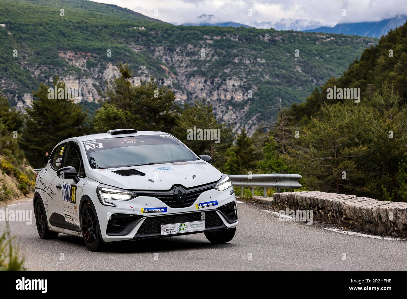 38 DAUNE Jean-Baptiste, TINACCI Julien, Renault Clio RS Line Rally4, action during the Rallye Antibes Côte d'Azur 2023, 3rd round of the Championnat de France des Rallyes 2023, from May 19 to 20 in Juan-Les-Pains, France - Photo Grégory Lenormand/DPPI Credit: DPPI Media/Alamy Live News Stock Photo