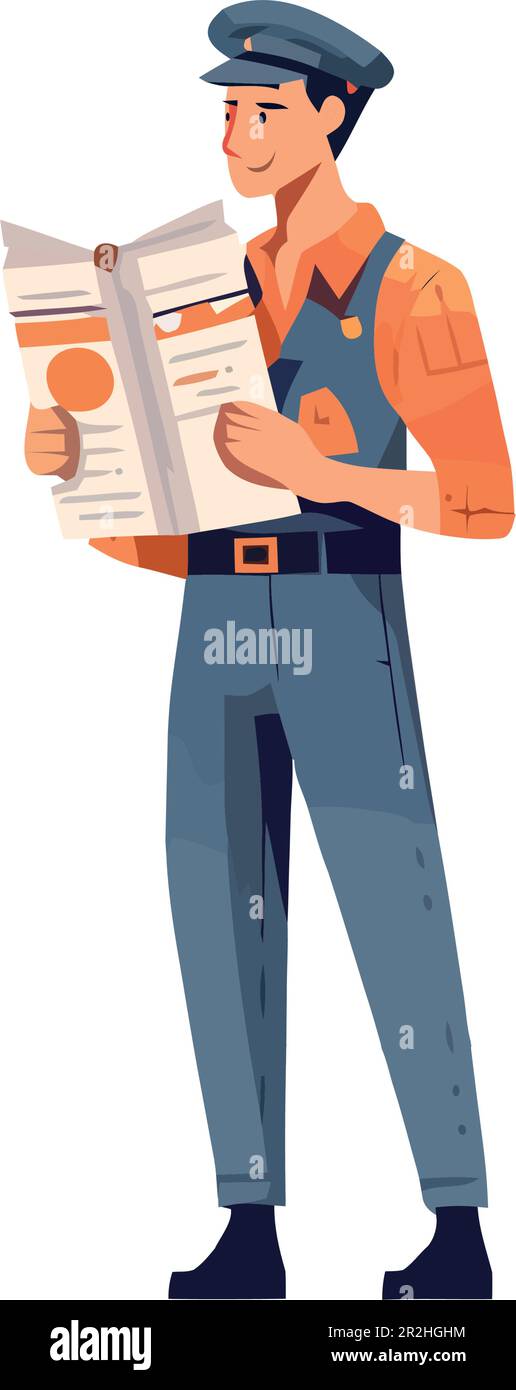 Construction worker holding blueprint, wearing hardhat and uniform isolated Stock Vector