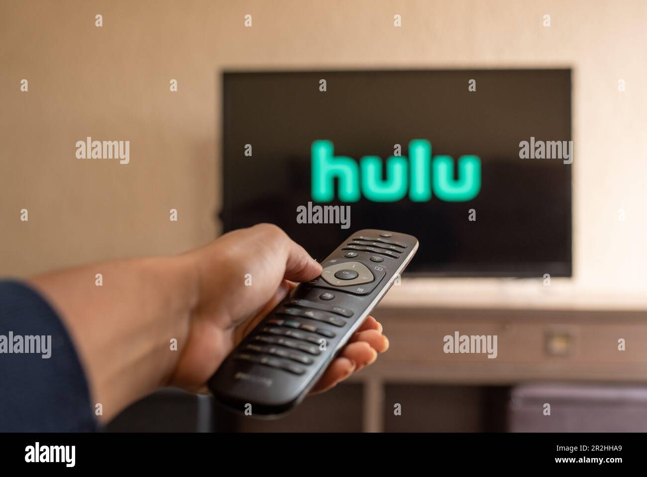 Brazil, Rio de Janeiro - May 19, 2023 Flat-screen TV set displaying logo of Hulu, a U.S.-based subscription video on demand service Stock Photo
