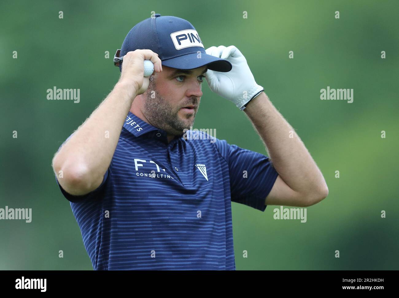Rochester, United States. 19th May, 2023. Corey Conners of Canada adjusts his hat on the 7th hole during the second round of the 2023 PGA Championship at Oak Hill Country Club in Rochester, New York on Friday, May 19, 2023. Photo by Aaron Josefczyk/UPI Credit: UPI/Alamy Live News Stock Photo