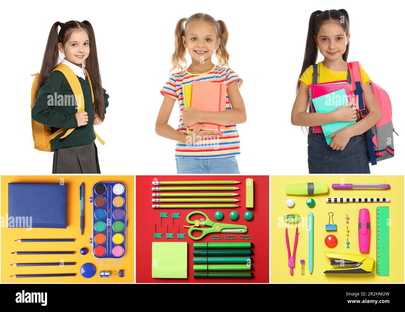 Collage with photos of cute girls and different stationery. Back to