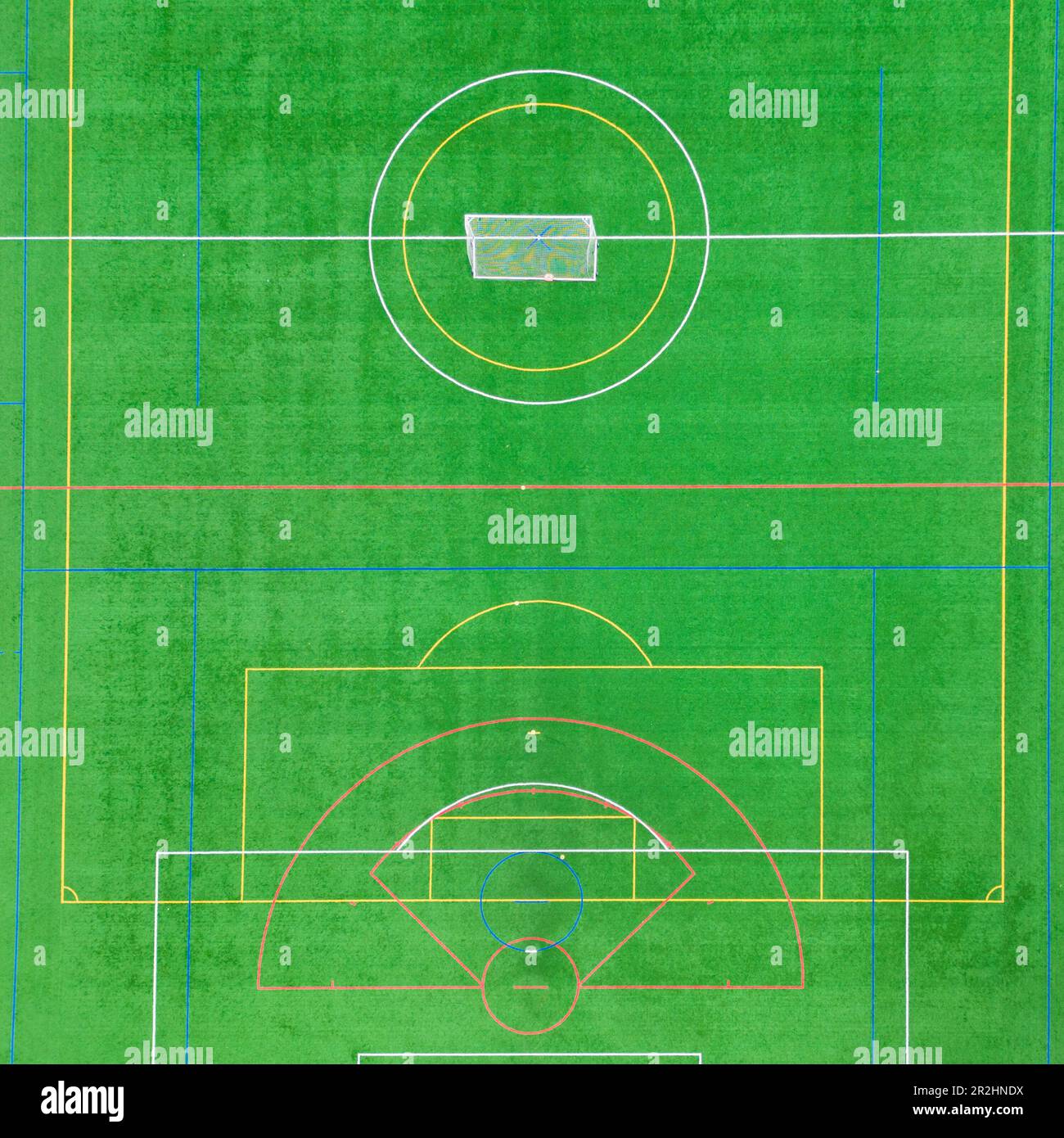 Overhead aerial view of soccer field with turf and lines Stock Photo