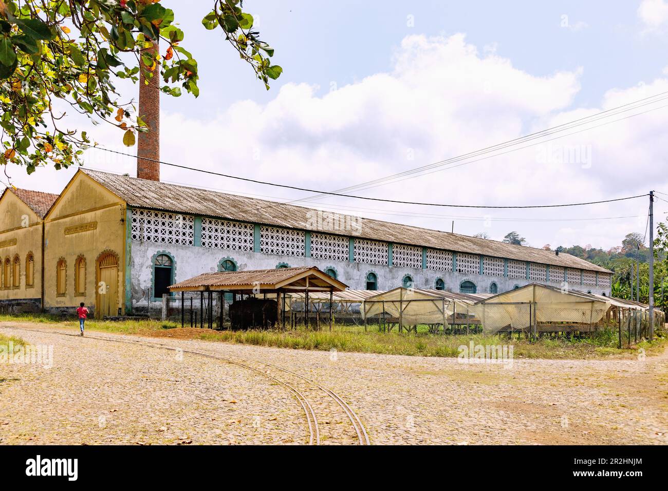 Building of the former palm oil factory of Roça Água-Izé on the island of São Tomé in West Africa Stock Photo