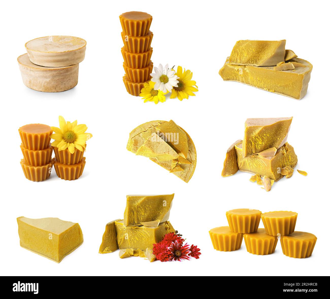 Set with natural organic beeswax on white background Stock Photo