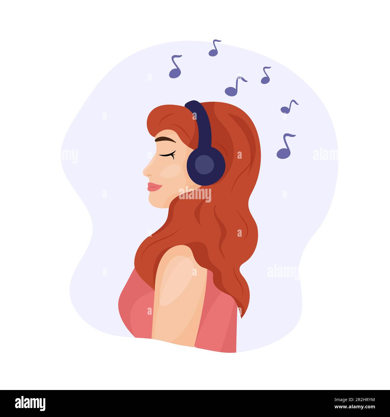 Girl witn headphones listening to music. Young adult woman profile and headset, musiacl notes. Smiling girl relaxing and enjoying music. Stock Vector