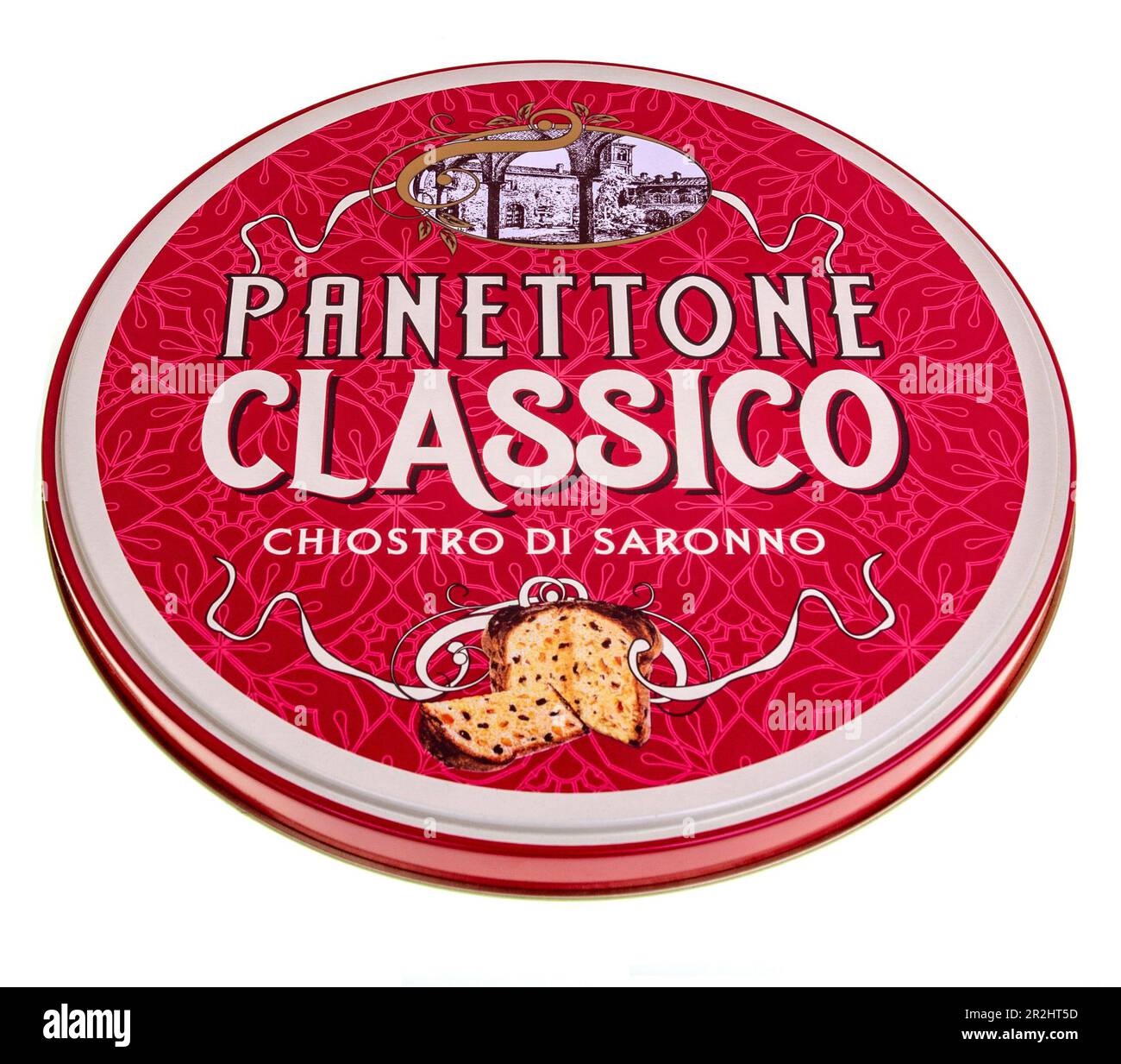 Vintage biscuit tin box with Panettone Classico from Milan made for Chiostro di Saronno Stock Photo
