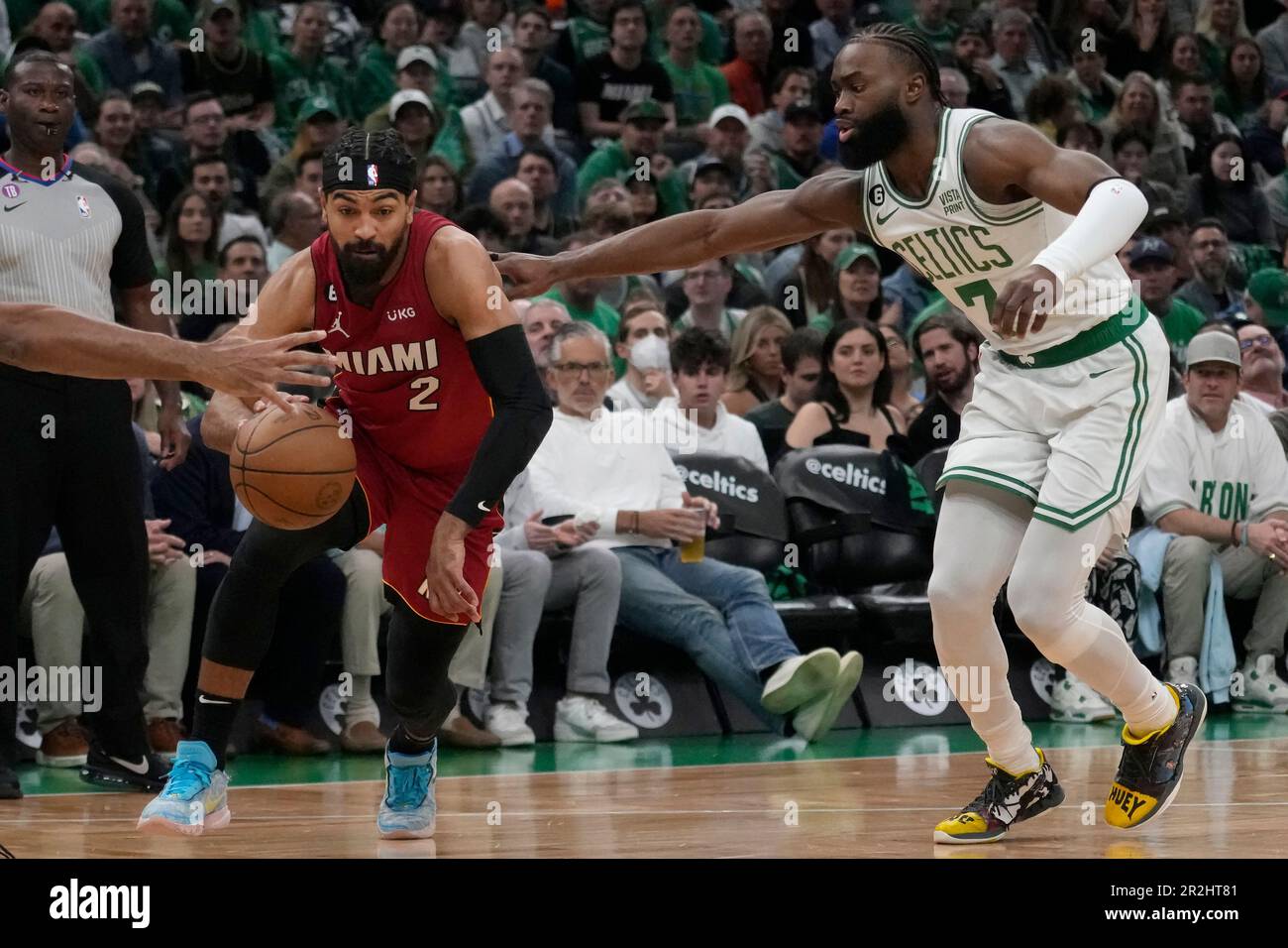 Miami Heat guard Gabe Vincent (2) drives to the basket against Boston