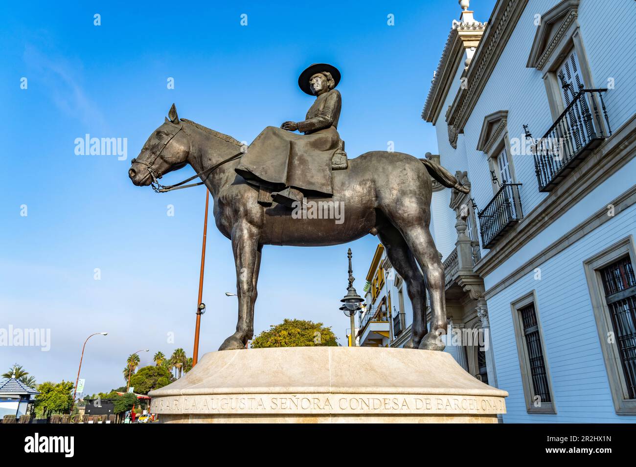 Equestrian statue of Augusta Senora Condesa de Barcelona at the bullring in Seville, Andalusia, Spain Stock Photo