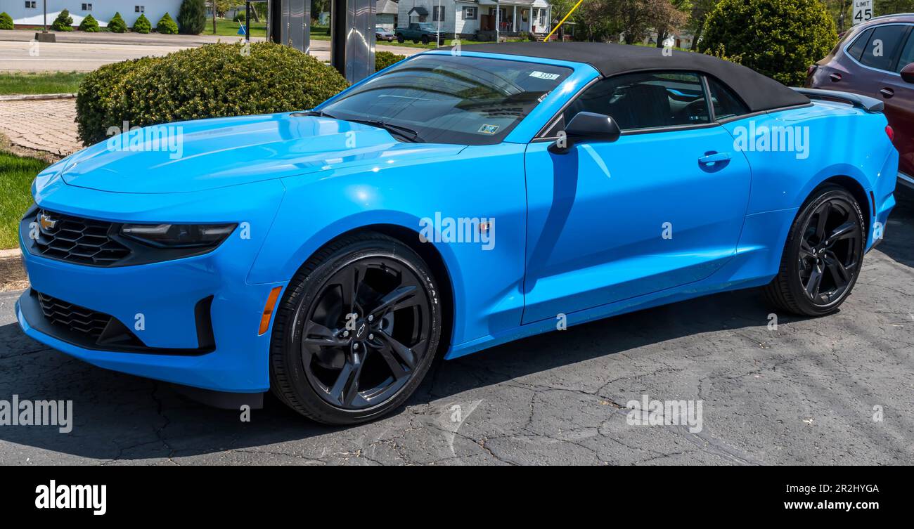 A new blue Chevrolet Camaro convertible for sale at a dealership in Starbrick Pennsylvania USA Stock Photo Alamy