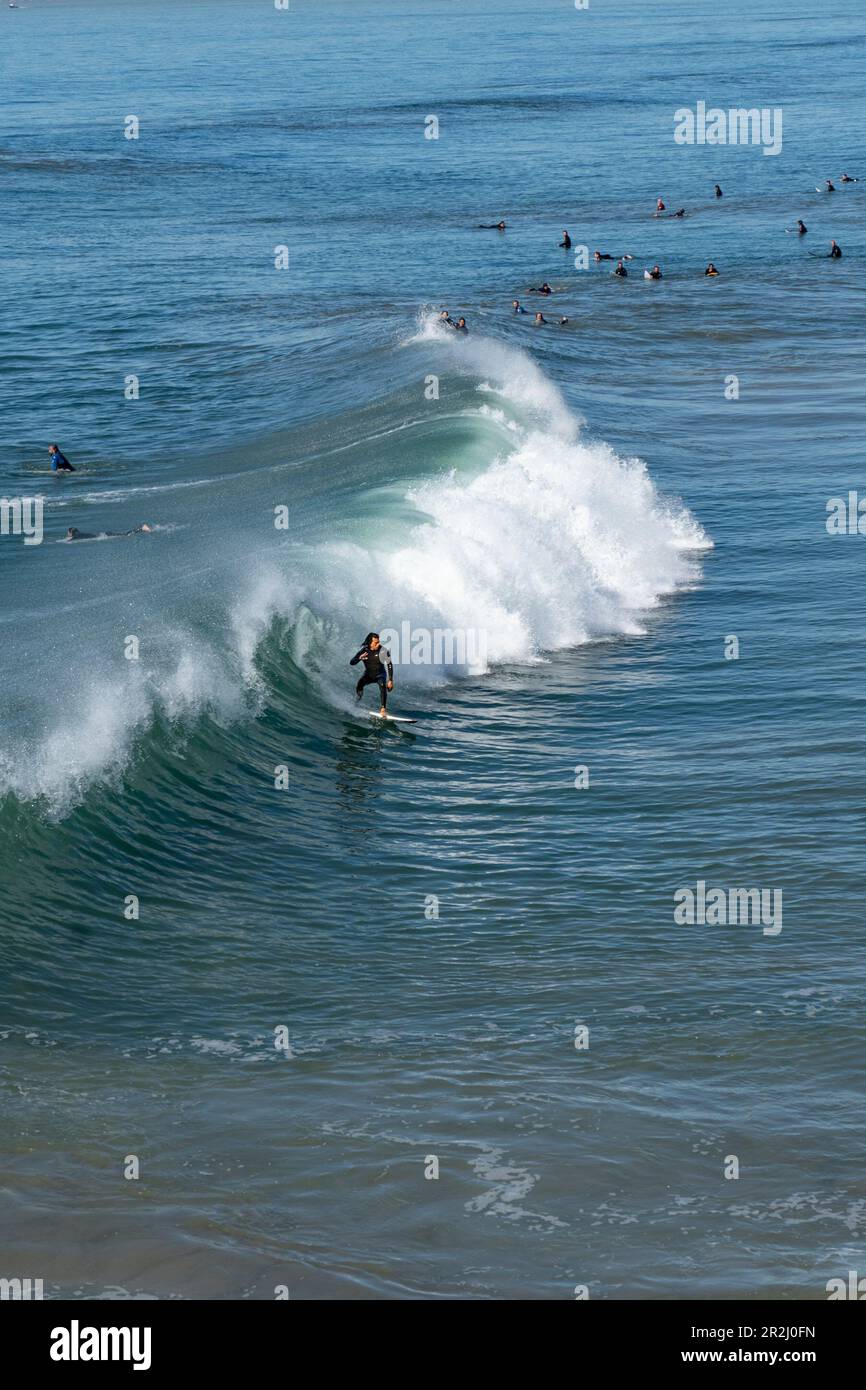 Huntington Beach, California  United States - February 12, 2022:  A surfer riding a wave at the iconic surf city Huntington Beach Stock Photo