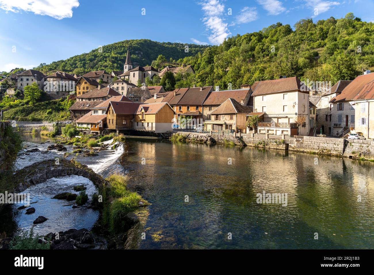 The village of Lods and the river Loue, Bourgogne-Franche-Comté, France, Europe Stock Photo