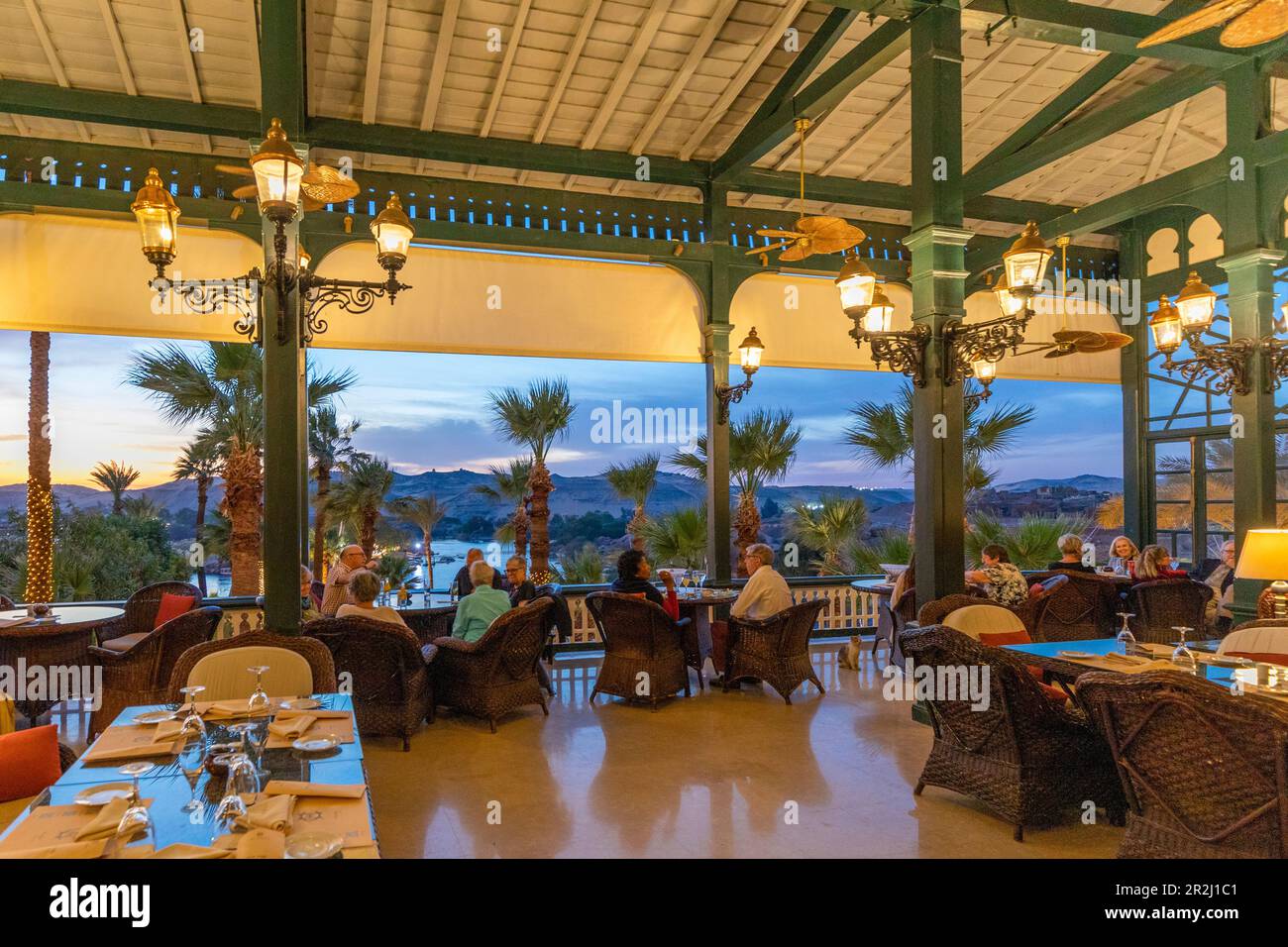 The Terrace Restaurant at The Old Cataract Hotel at dusk, Aswan, Egypt, North Africa, Africa Stock Photo