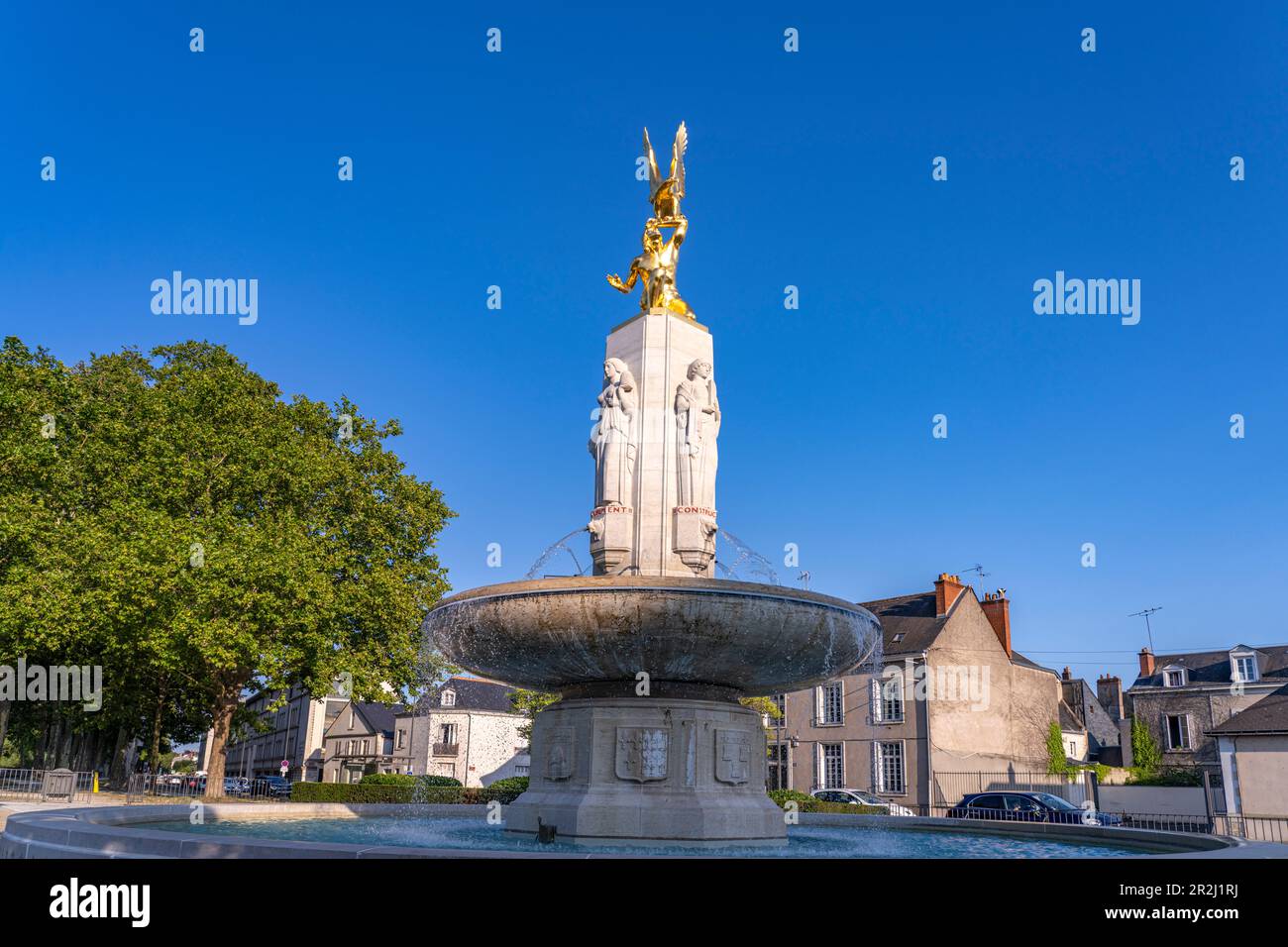 Gold statue of a Native American with eagle on the Tours American Monument fountain, Tours, Loire Valley, France Stock Photo