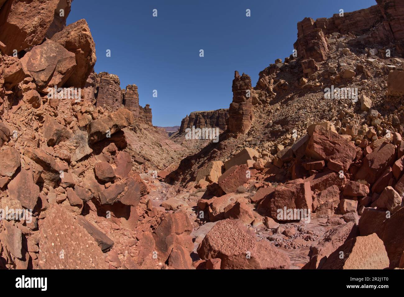 Giant boulders from a rock slide in a narrow section of the south fork