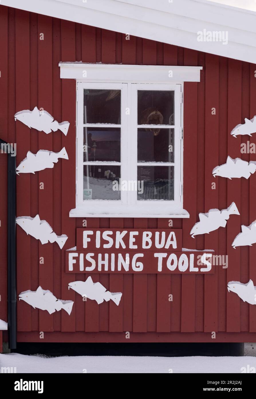 Typical red fishing cabin (Rorbu), Village of Reine, Moskenes Municipality, Nordland County, Lofoten Islands, Norway, Scandinavia, Europe Stock Photo