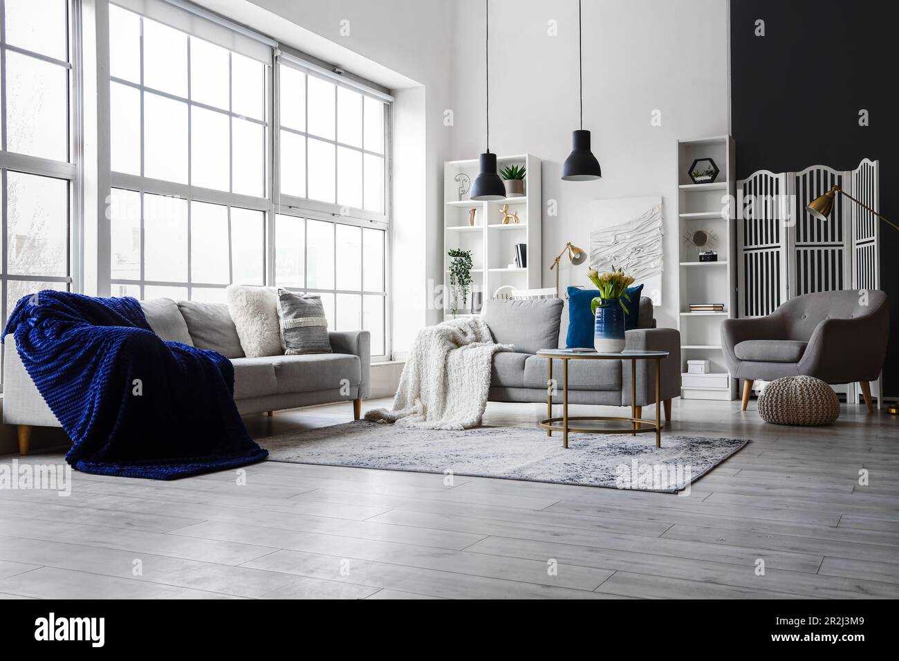 Interior of bright living room with cozy sofas and coffee table near ...