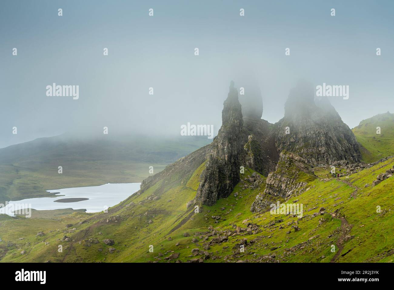 Old Man of Storr rock formation with Loch Leathan, Isle of Skye, Inner Hebrides, Scottish Highlands, Scotland, United Kingdom, Europe Stock Photo