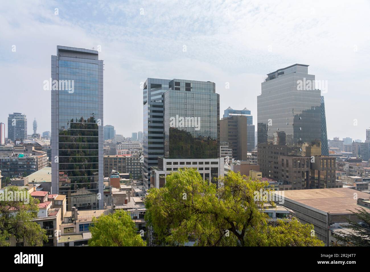 High-rise buildings of Santiago city center seen from top of Santa Lucia Hill, Santiago Metropolitan Region, Chile, South America Stock Photo