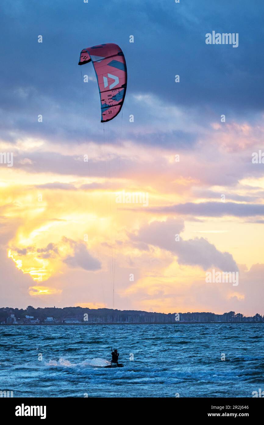 Kiters in the evening light at Grossenbroder West Beach, Baltic Sea, Ostholstein, Schleswig-Holstein, Germany Stock Photo