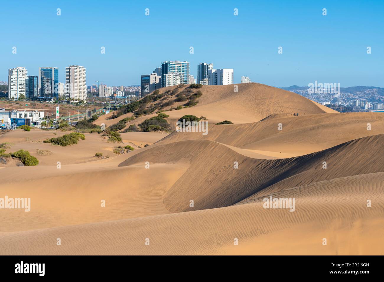 Sand dunes and residential high-rise buildings, Concon, Valparaiso