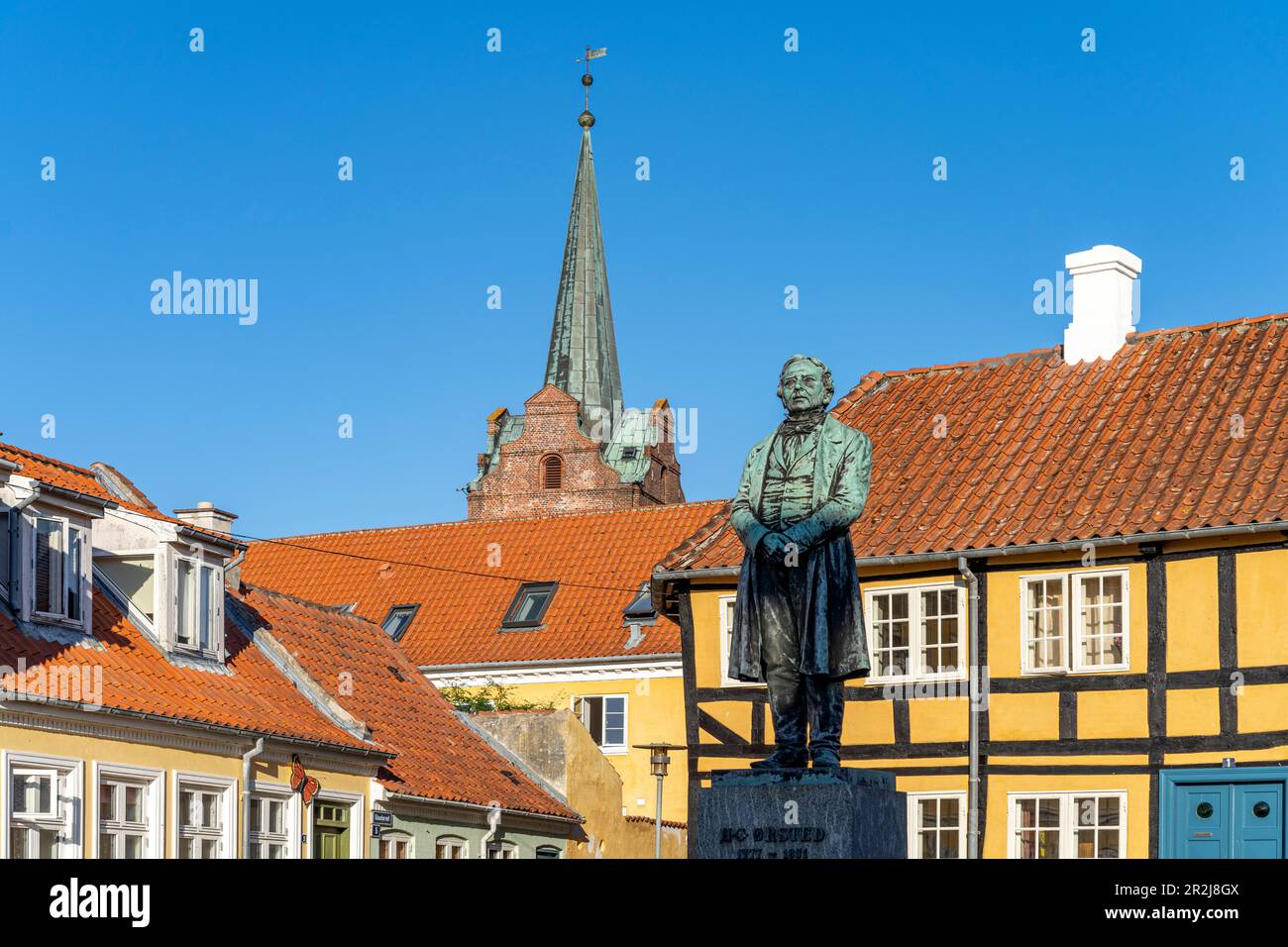 Gaasetorvet square with statue of physicist Hans Christian Örsted in downtown Rudkoebing, Langeland island, Denmark, Europe Stock Photo
