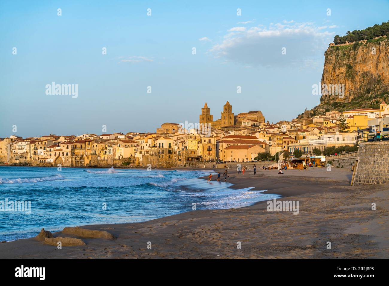 Spiaggia Lungomare beach and the old town with the Cathedral of Cefalu