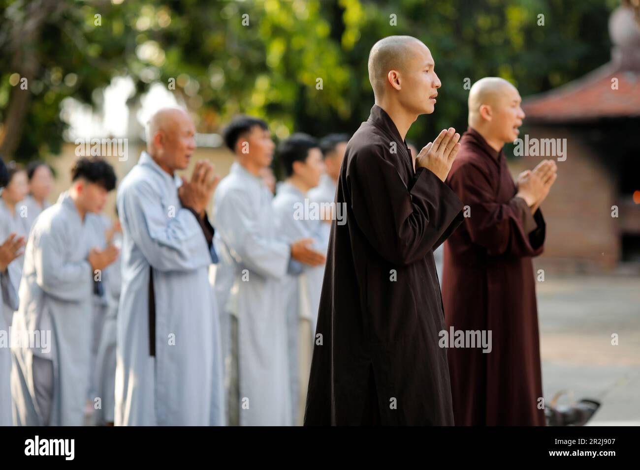 Quan Am Bo Tat temple, Buddhist ceremony, monks praying, Vung Tau, Vietnam, Indochina, Southeast Asia, Asia Stock Photo