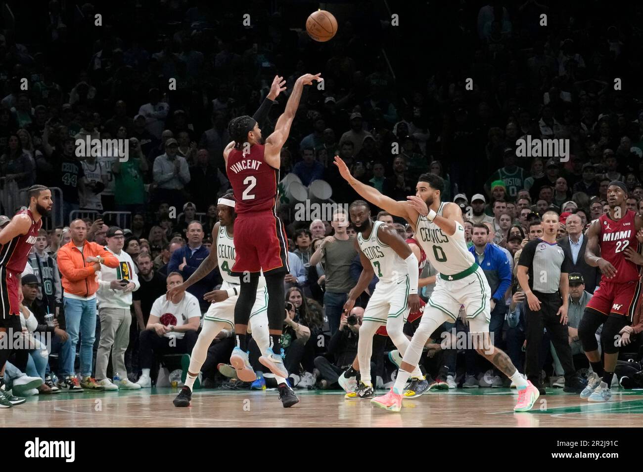 Miami Heat guard Gabe Vincent (2) shoots a basket against the Boston