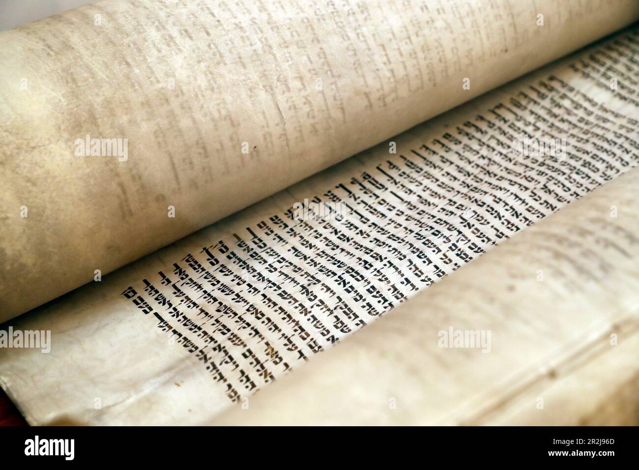 Close-up detail of traditional old Torah scroll book, Jewish Museum of Florida, Miami Beach, Florida, United States of America, North America Stock Photo